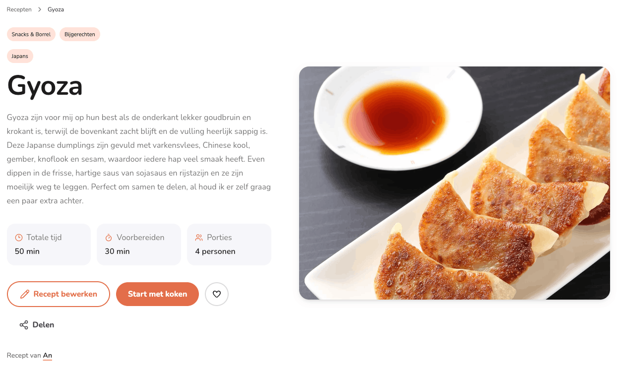 Geopend UmaVita-recept met ingrediënten, bereiding en knoppen om te koken