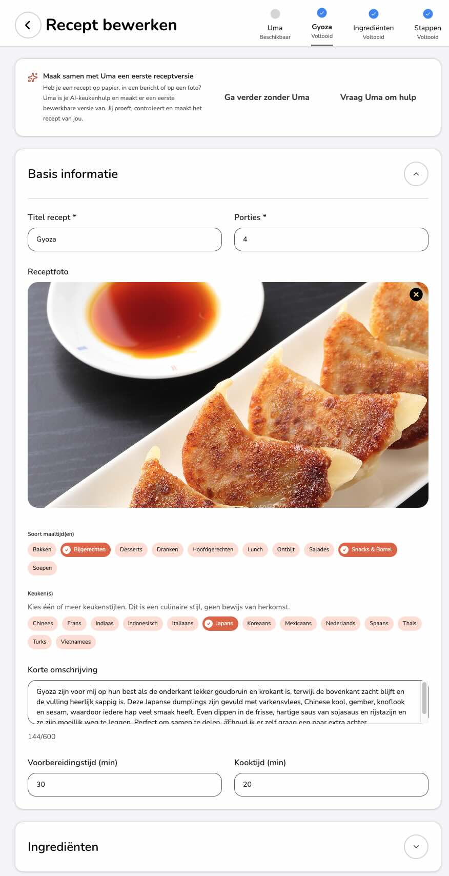 UmaVita-recepteditor met titel, receptfoto, ingrediënten en bereidingsstappen